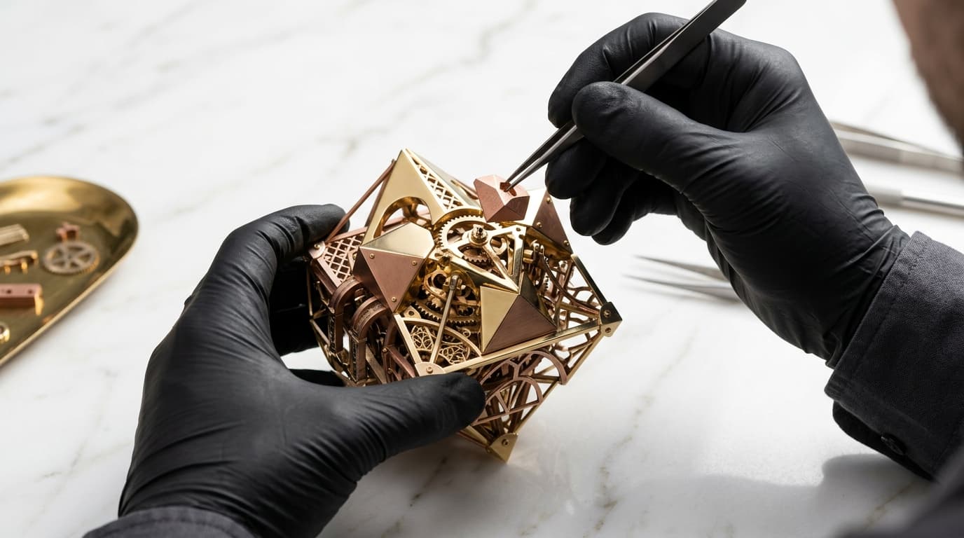 Master artisan gloved hands meticulously assembling geometric gold kinetic centerpiece