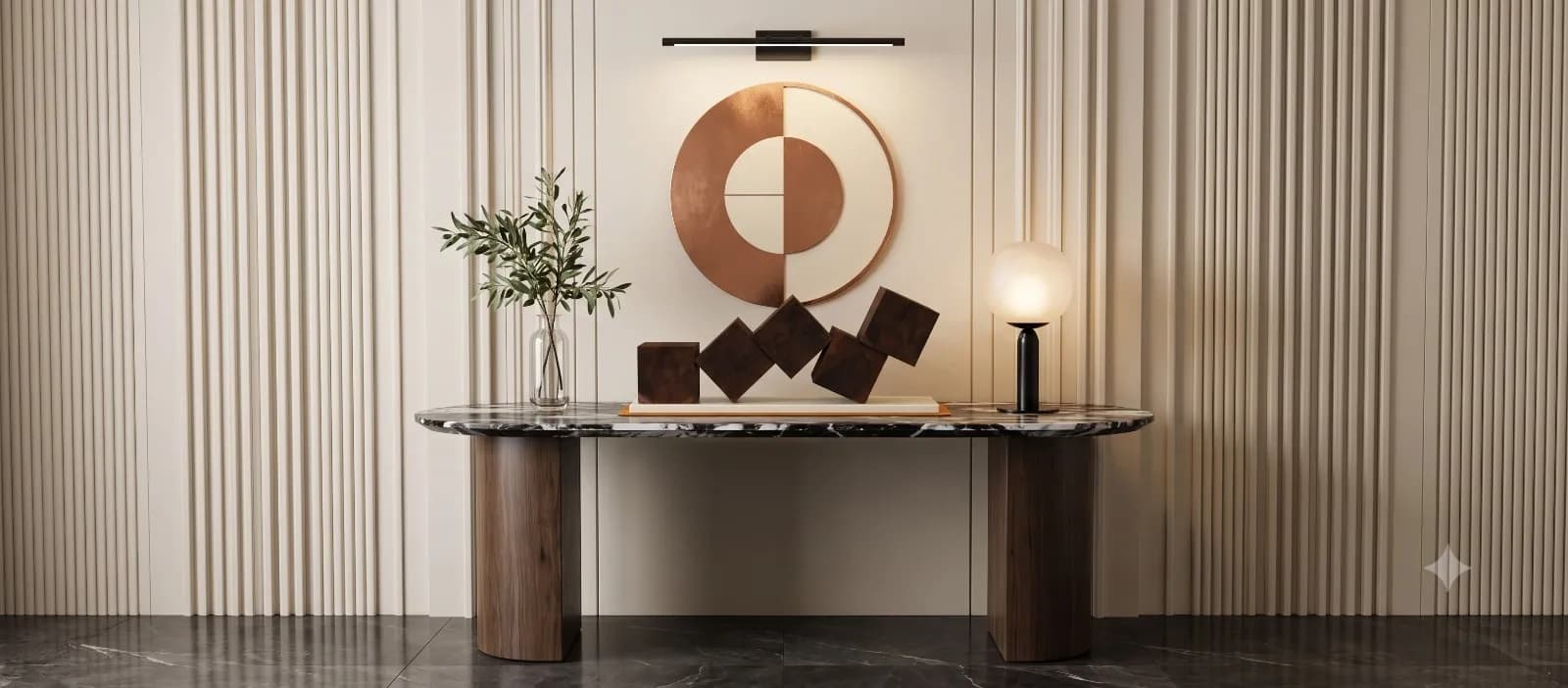 Monolithic obsidian and walnut console installation in minimalist executive salon